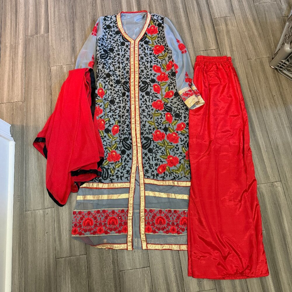 🌟 Black, Grey & Red Embroidered Suit with Dupatta 🌟